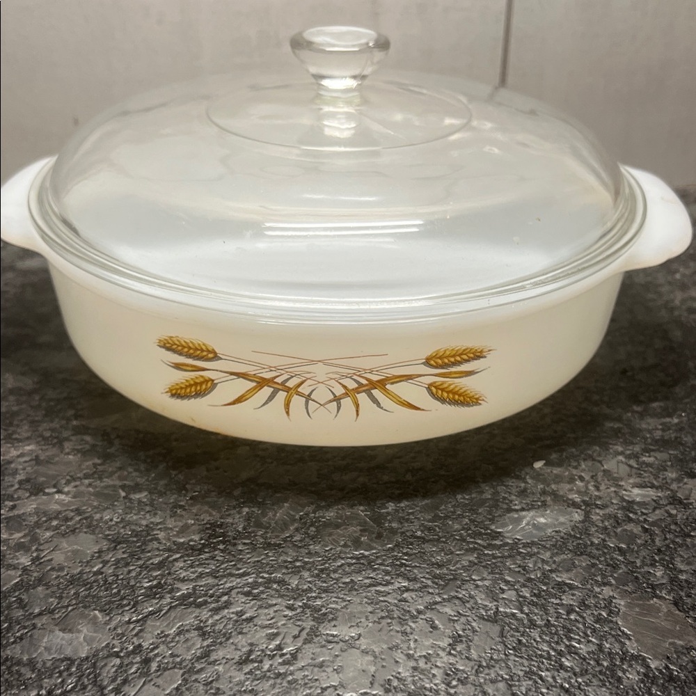 Fire King Vintage Covered Glass Casserole Dish with Golden Wheat Design